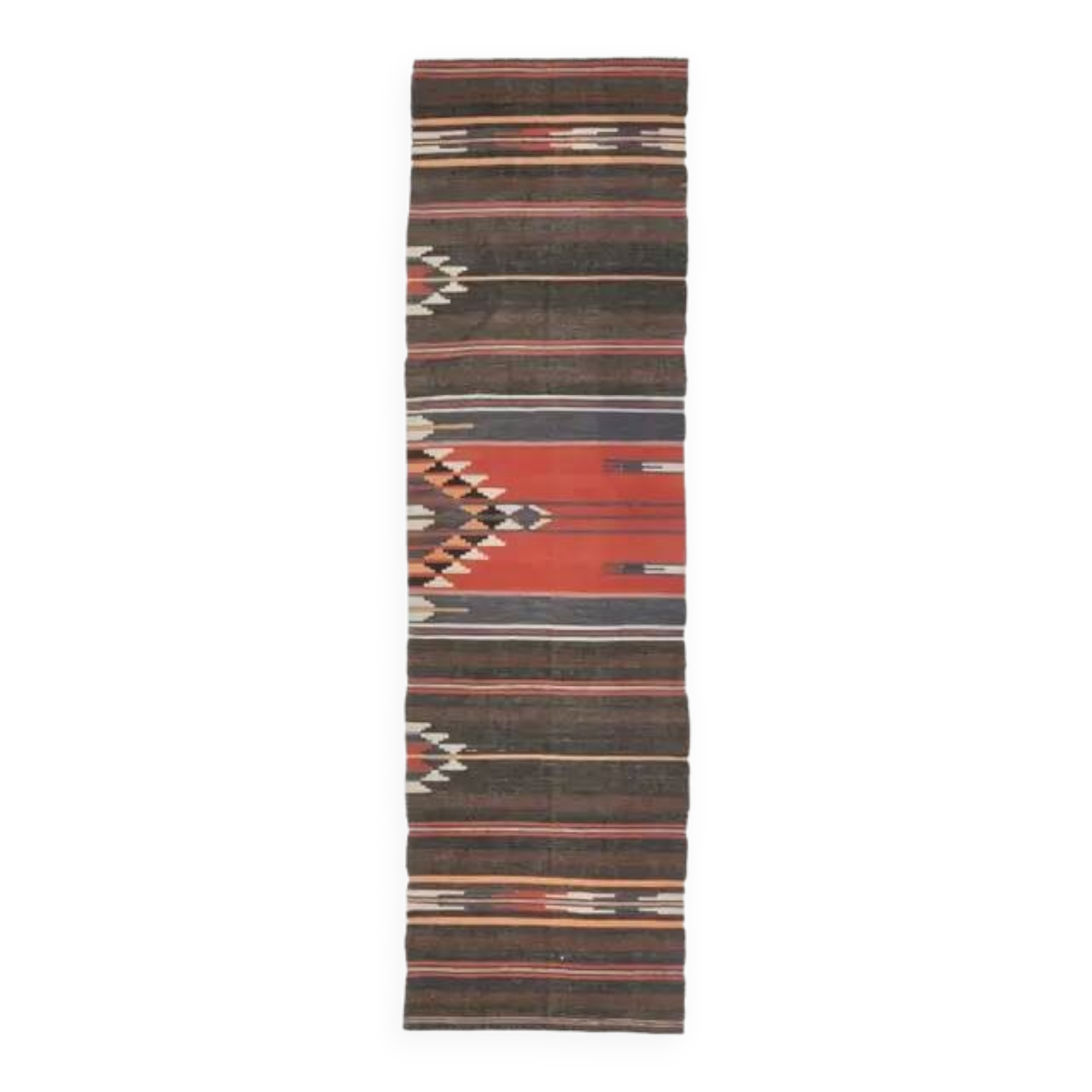 Tapis de couloir vintage turc Oushak fait main en laine et coton marron