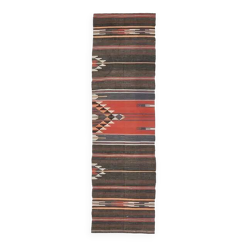 Tapis de couloir vintage turc Oushak fait main en laine et coton marron