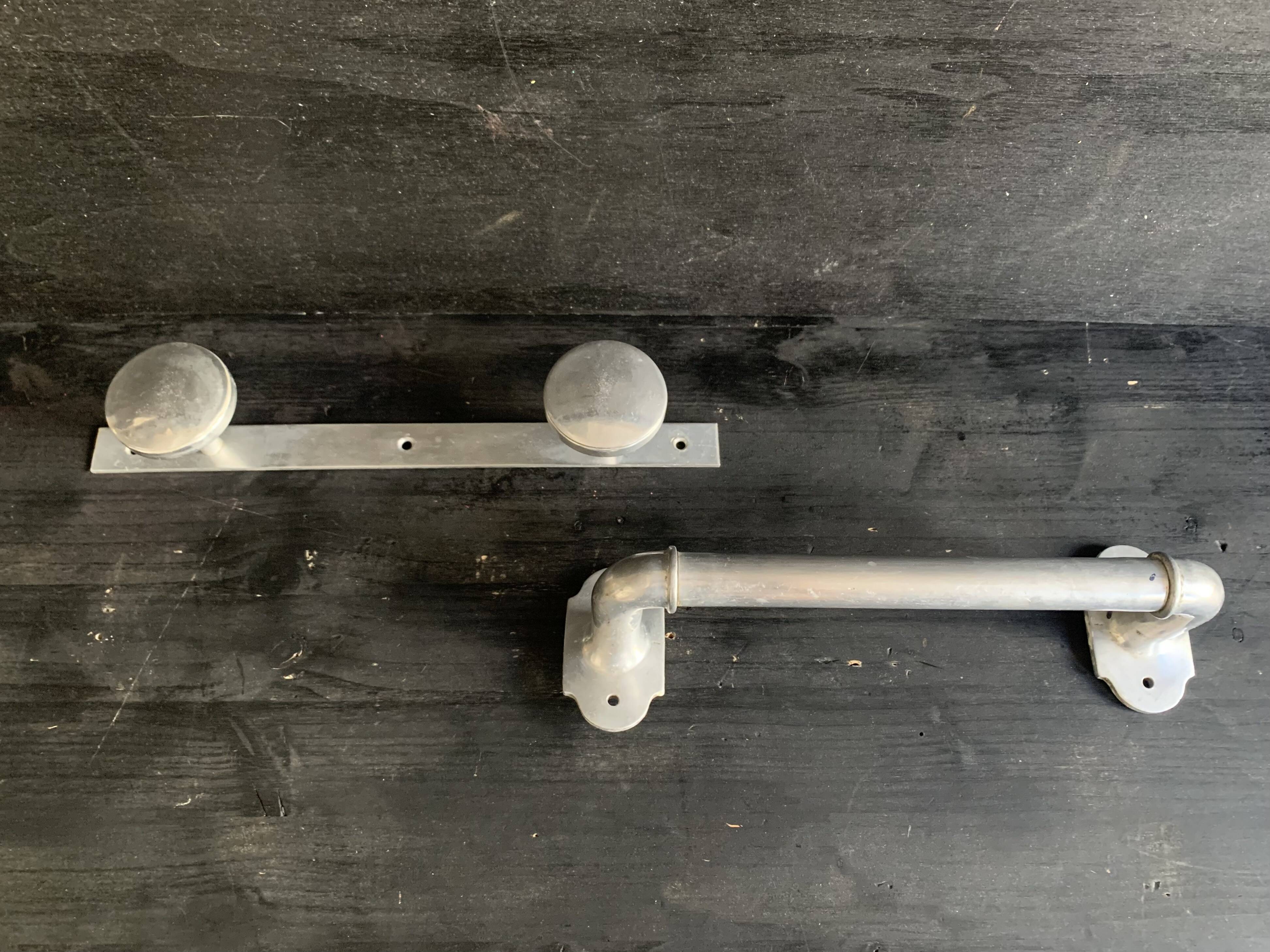 Art Deco aluminum towel rack and wall hooks, 1940