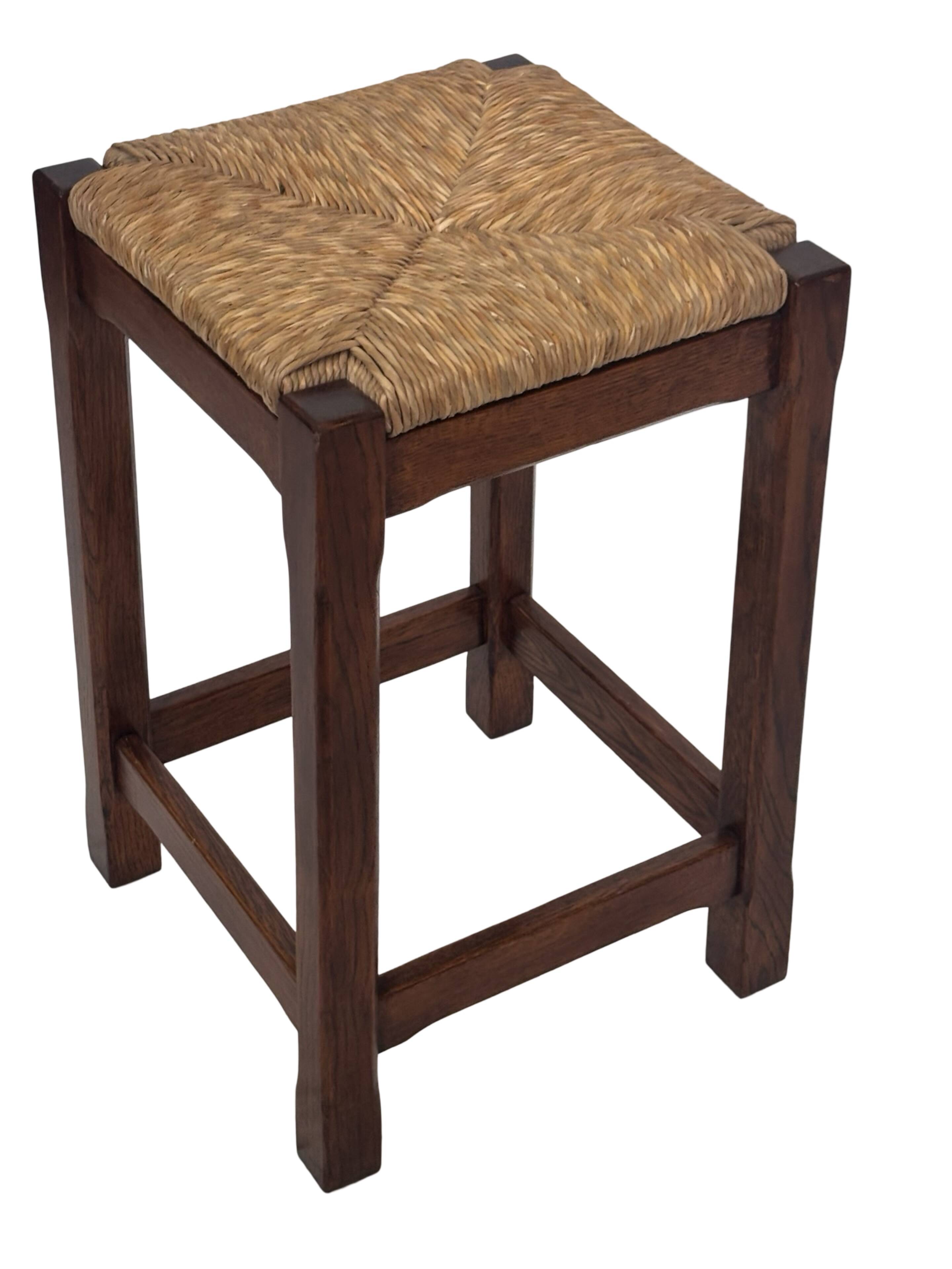Vintage rattan stool with oak, 60s wabi sabi design, minimalist