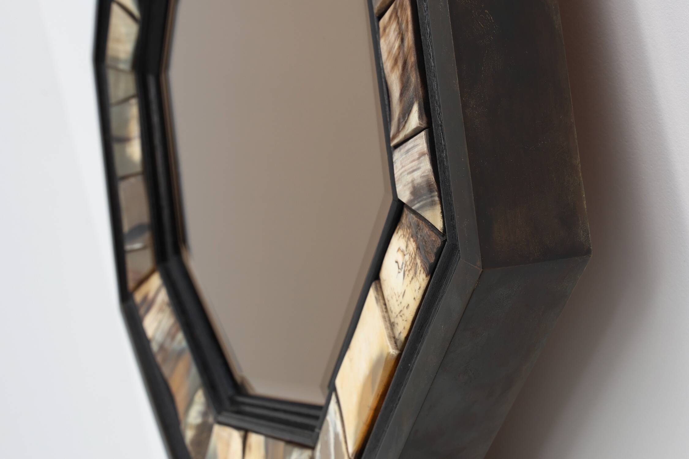 Brass and horn octagonal mirror with horn by Anthony Redmile, UK ca. 1980