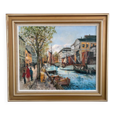 Vintage original oil painting of a canal cityscape, circa 1970s