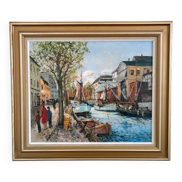 Vintage original oil painting of a canal cityscape, circa 1970s