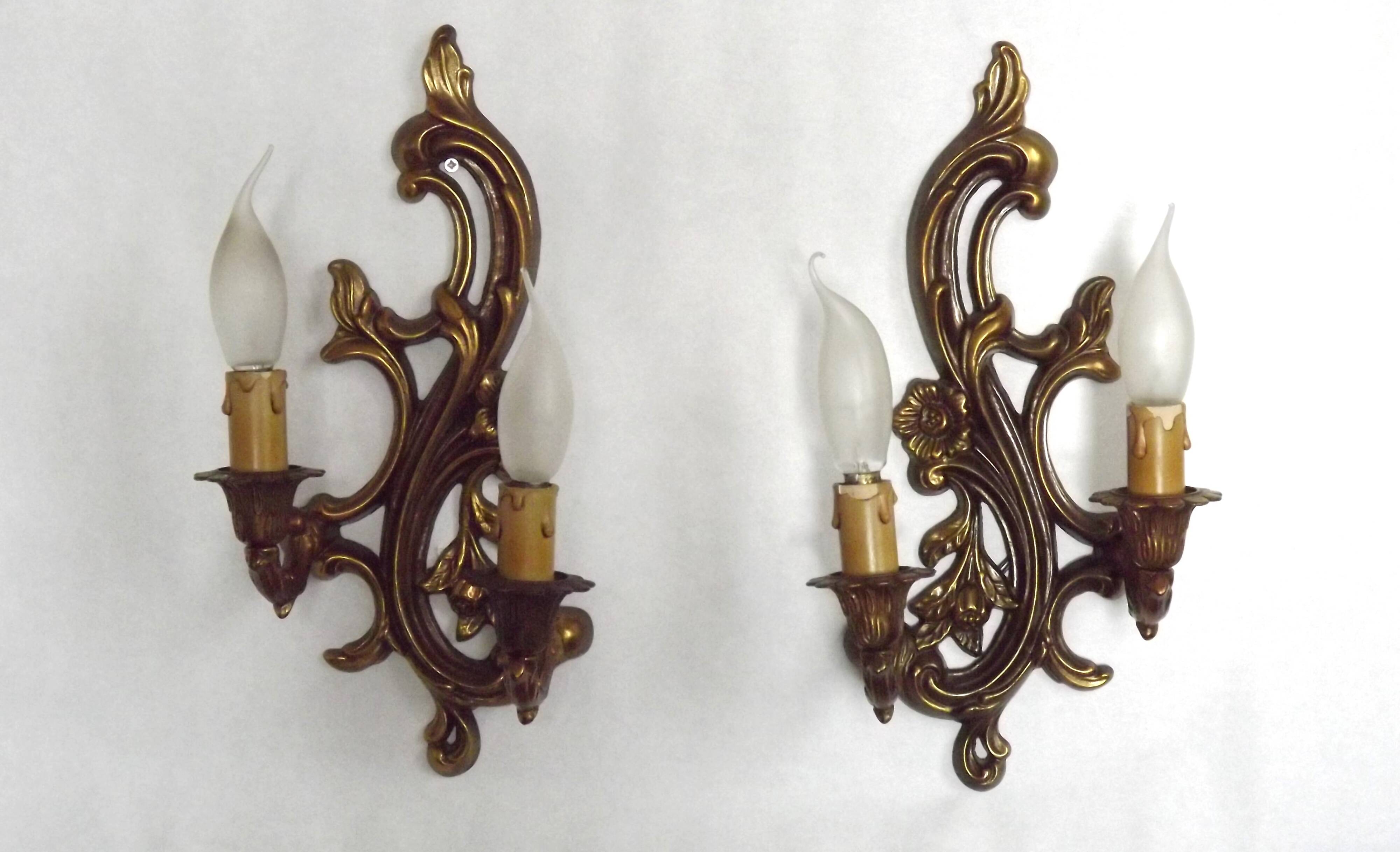 Pair Vintage French Bronze Double Wall Lights Acanthus Leaf & Flower Detail