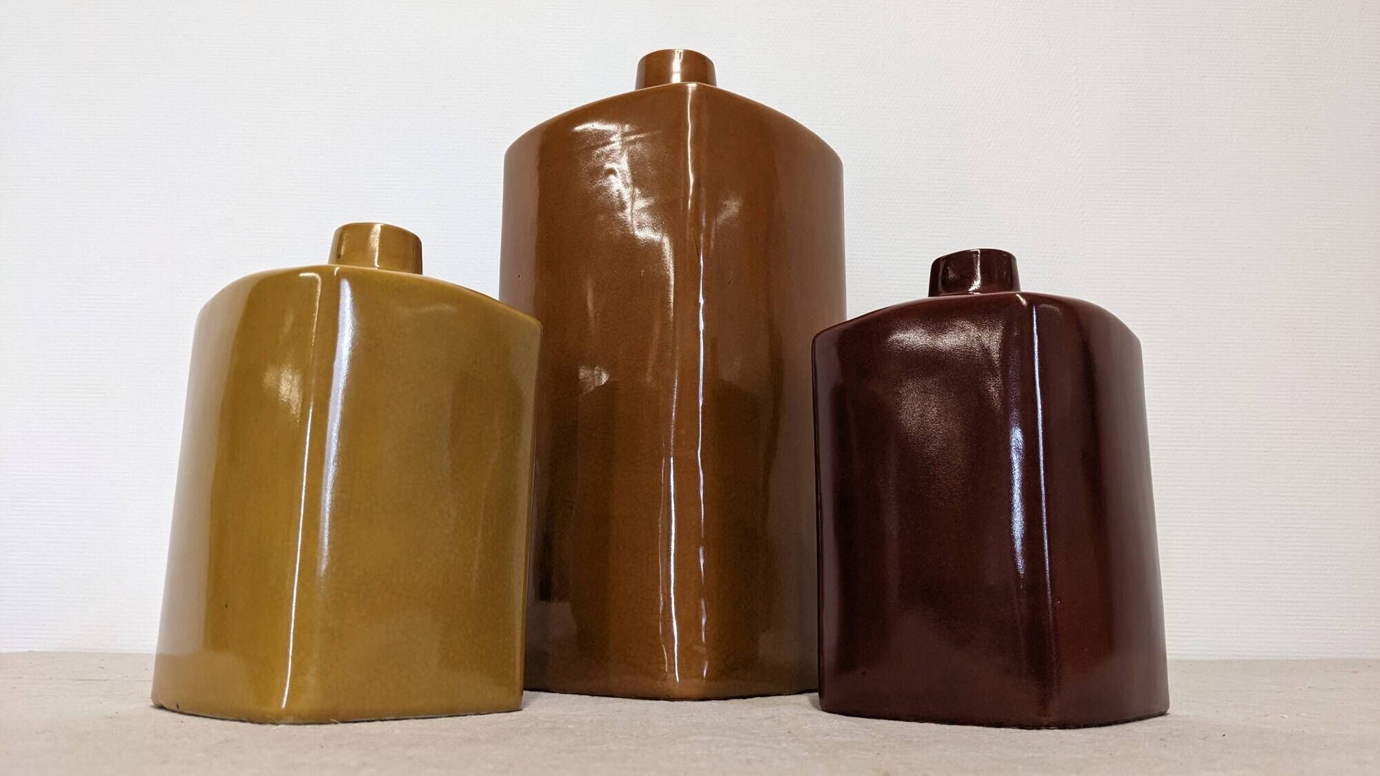 Set of 3 coloured earthenware vases Les Jardins d'Ulysse, France circa 1990