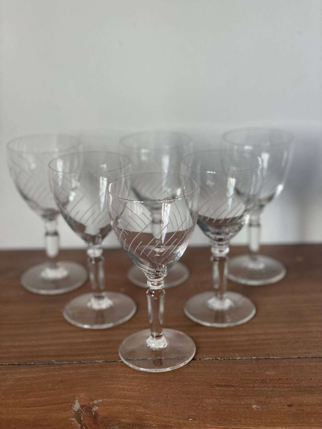 6 crystal engraved white wine glasses with stems