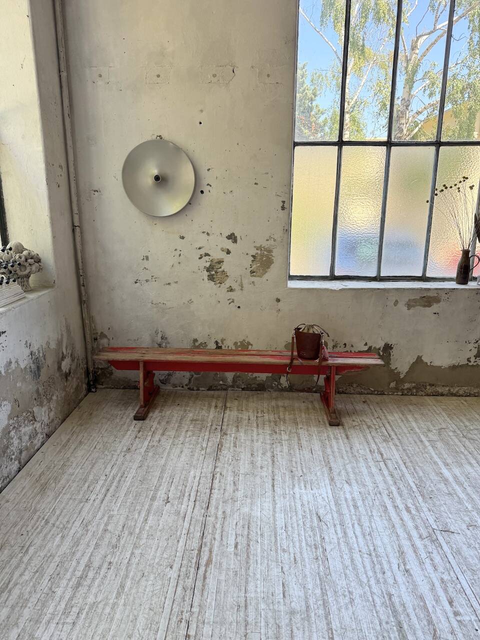 1950s oak bench with red patina, 2m