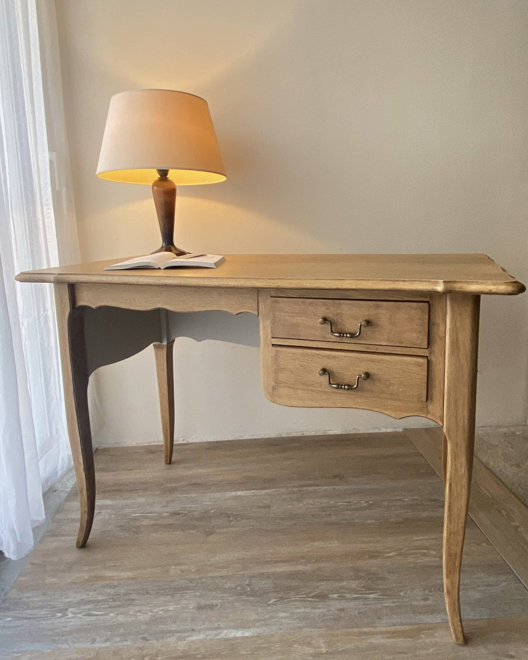 Antique 2-drawer desk in raw wood and beige, renovated.