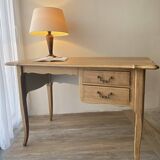 Antique 2-drawer desk in raw wood and beige, renovated.