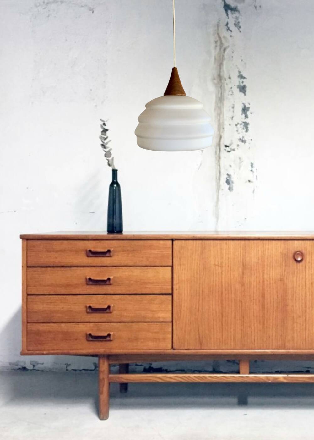 Scandinavian teak and opaline pendant light by Louis Kalff for Philips in 1968