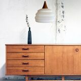 Scandinavian teak and opaline pendant light by Louis Kalff for Philips in 1968