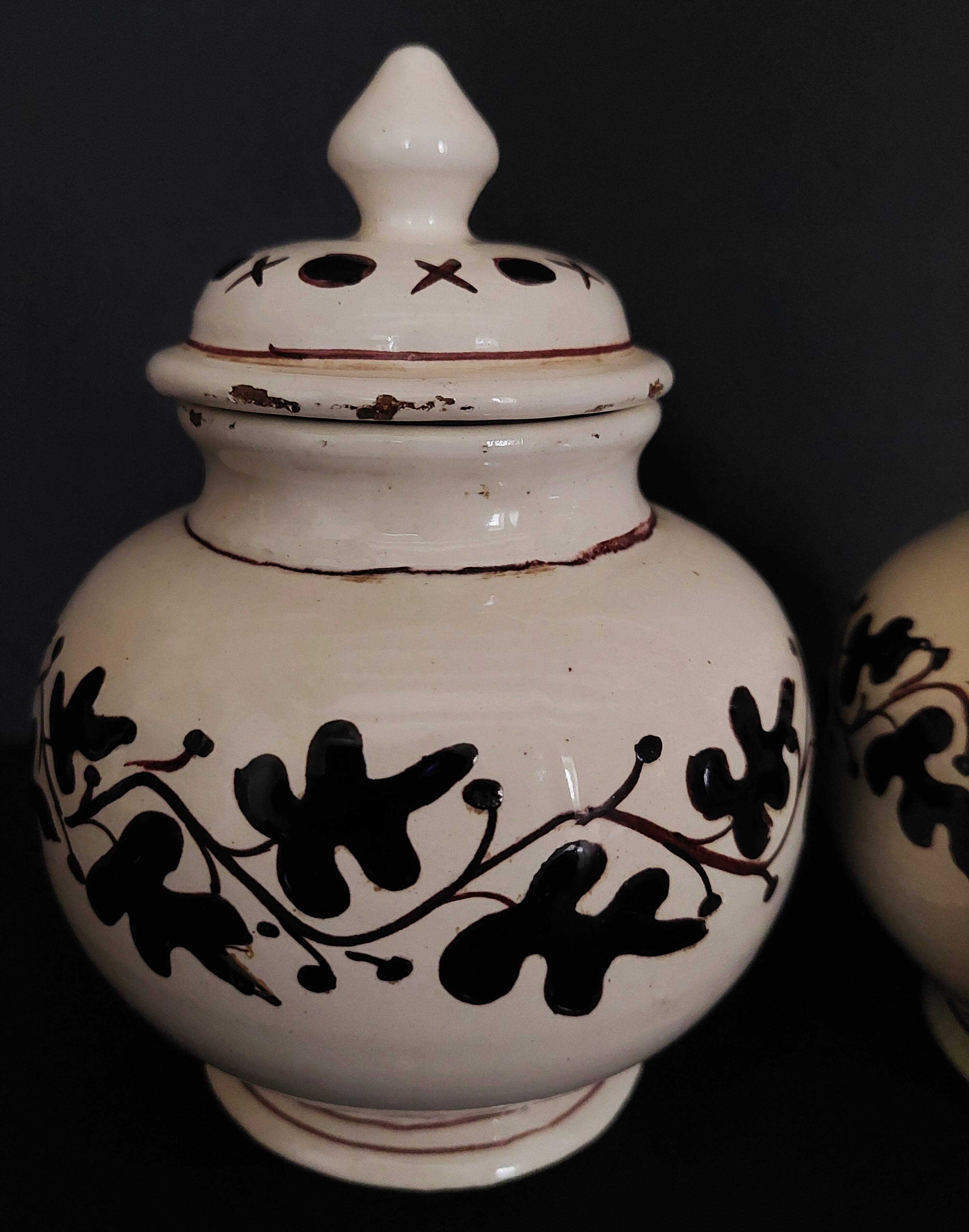 Pair of covered earthenware pots Italy Castelli 18th century