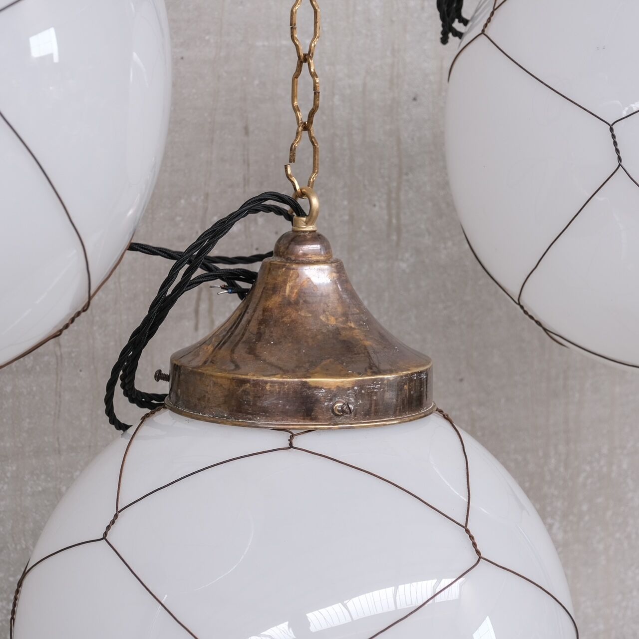 Opaline and brass mid-century caged pendant