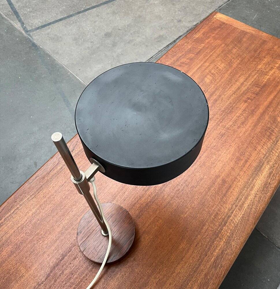 Mid-century minimalist table lamp with a teak veneer base, 1960s.