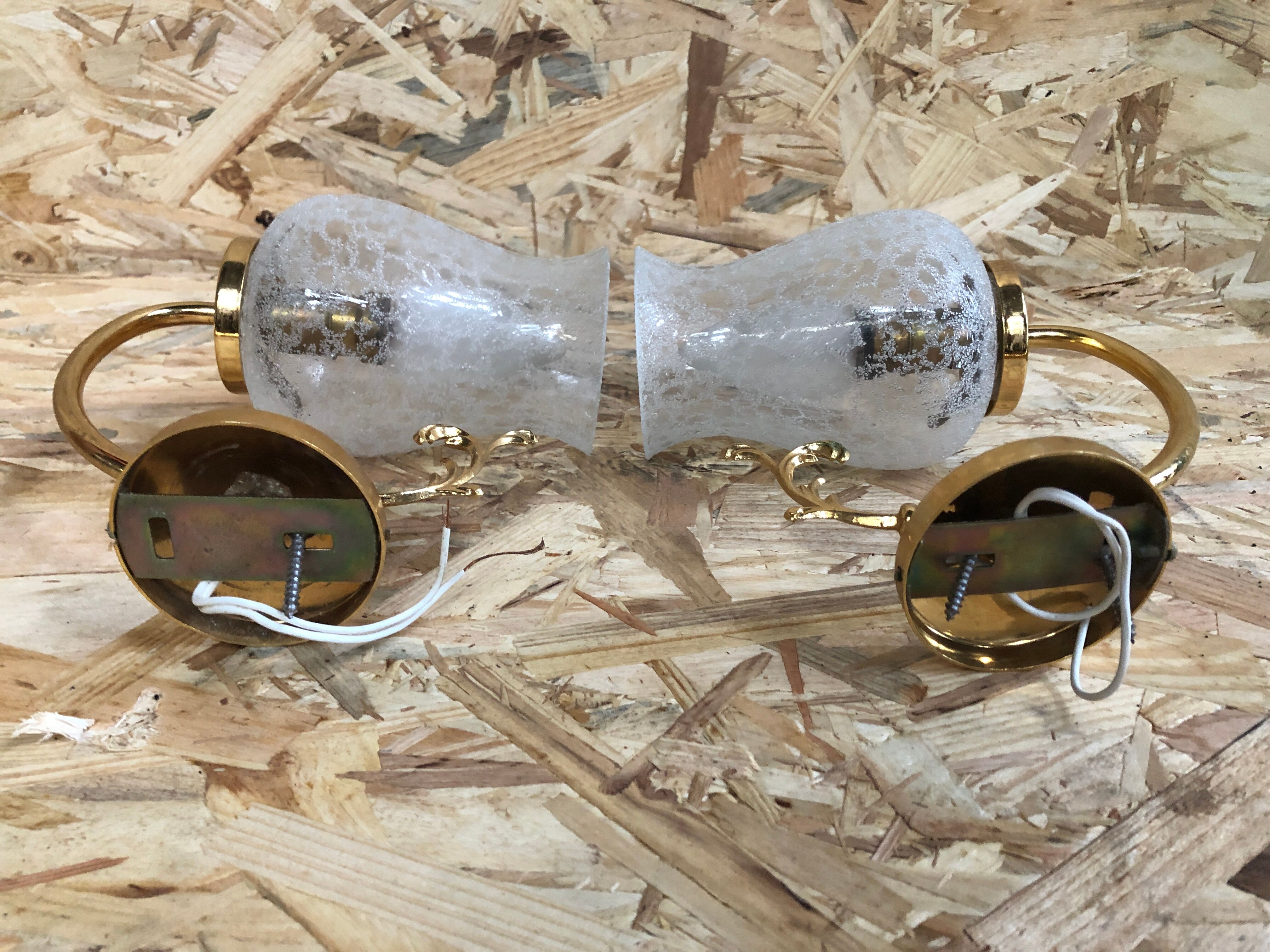 Old Pair Wall Lamp Golden Metal + Reflector Molded Glass 70s Vintage