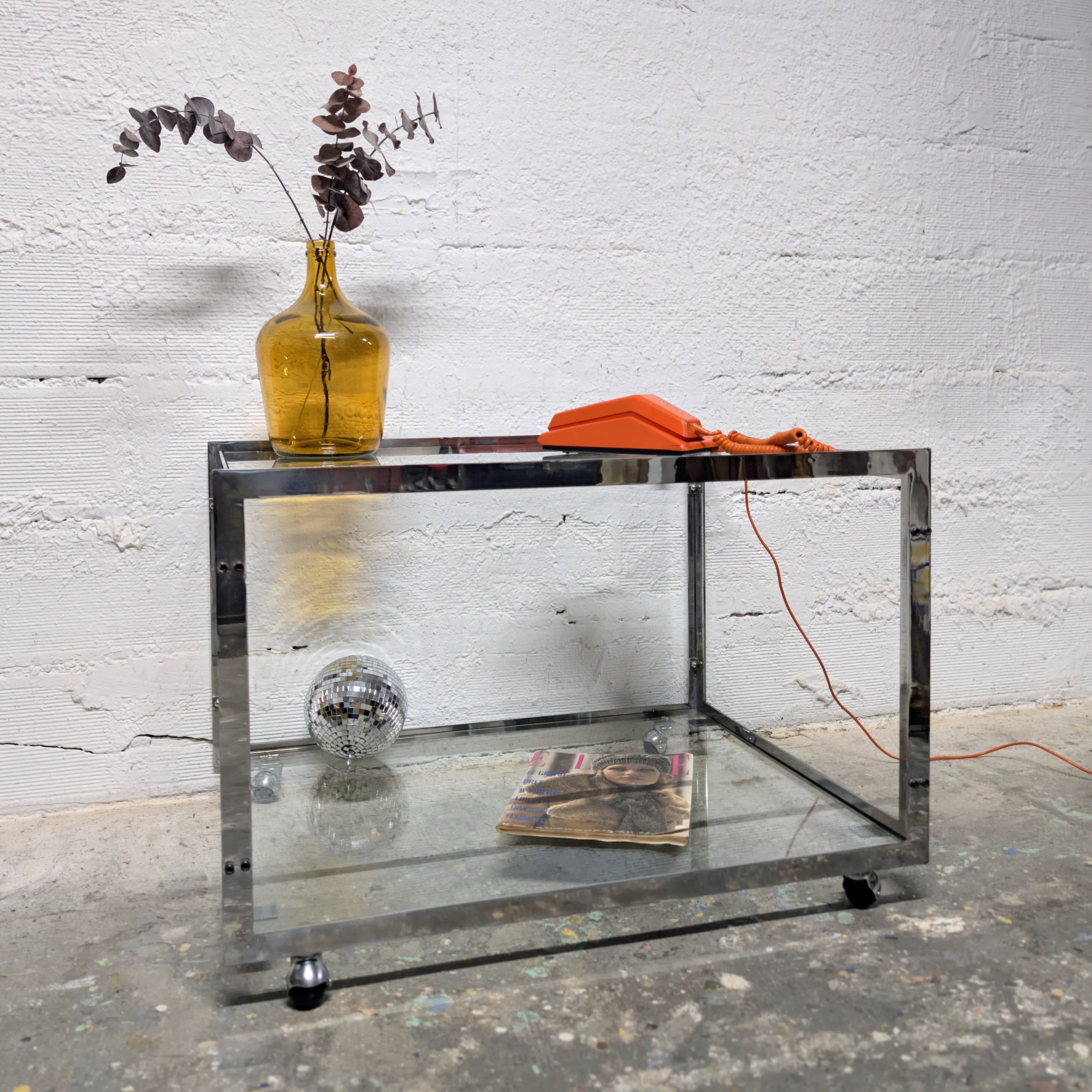 Table basse vintage chrome & verre Années 70