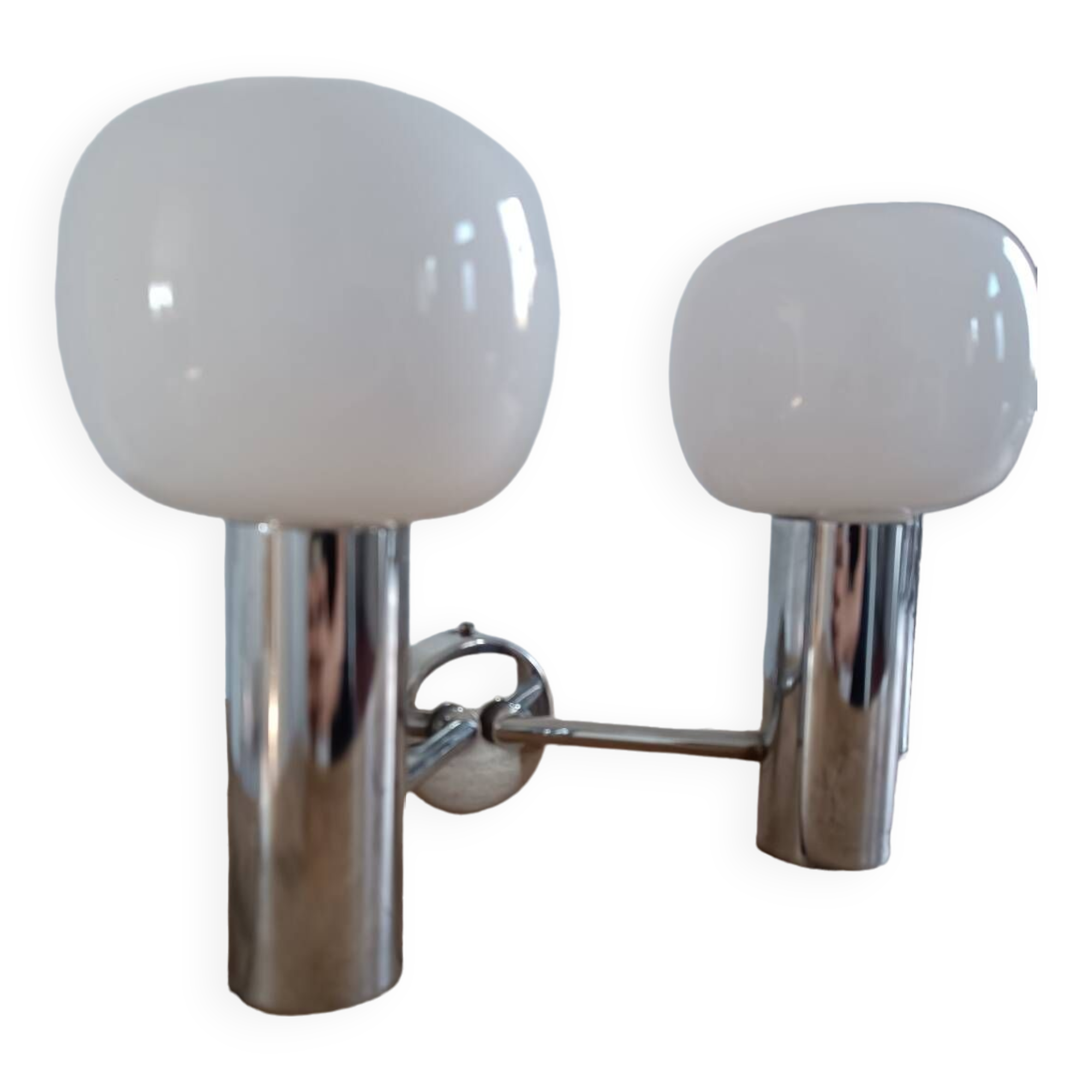 Pair of vintage wall lights in chromed metal and opaline 1970