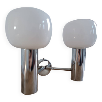 Pair of vintage chrome and opaline metal wall lights 1970