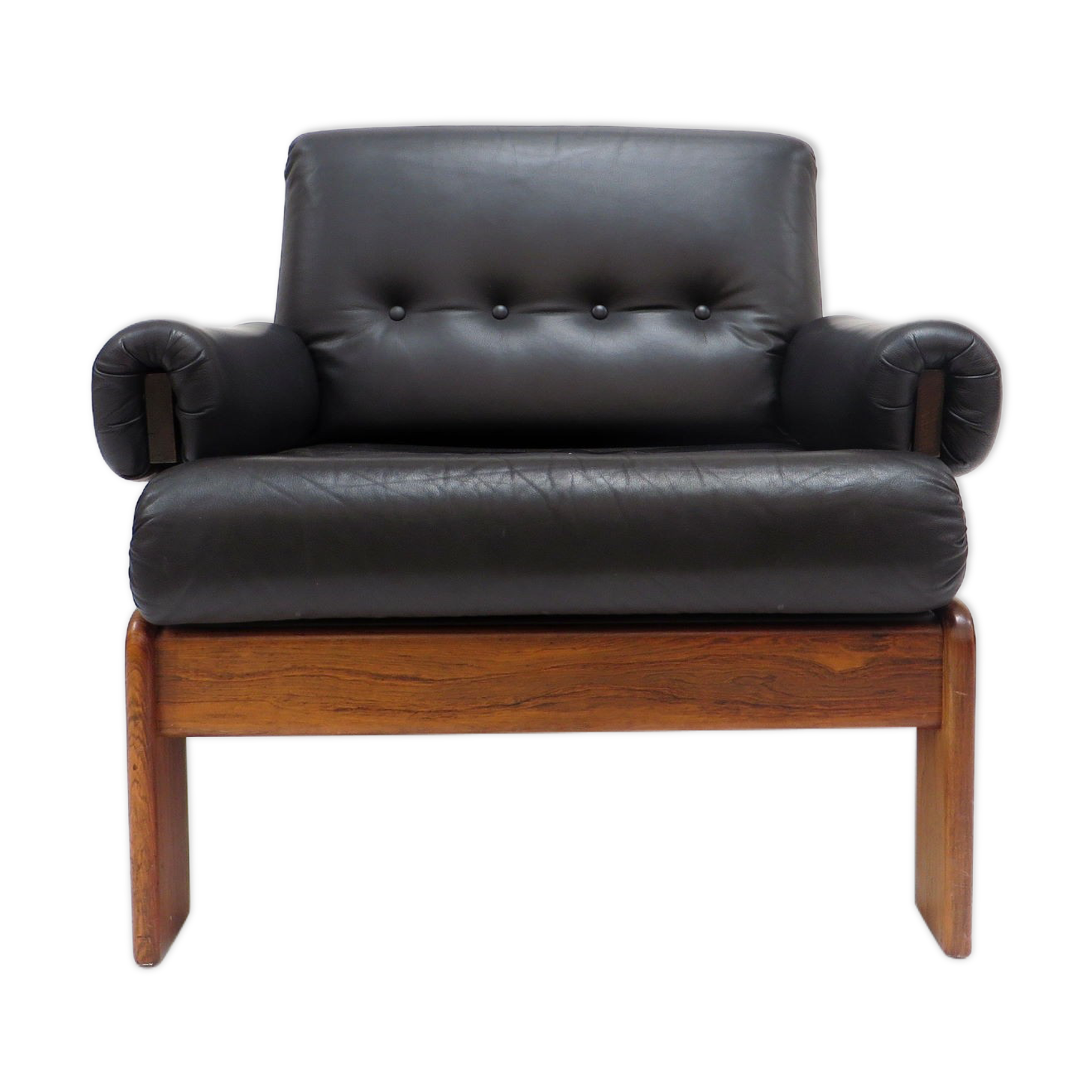 Vintage black leather armchair with solid rosewood frame made in the 1960s