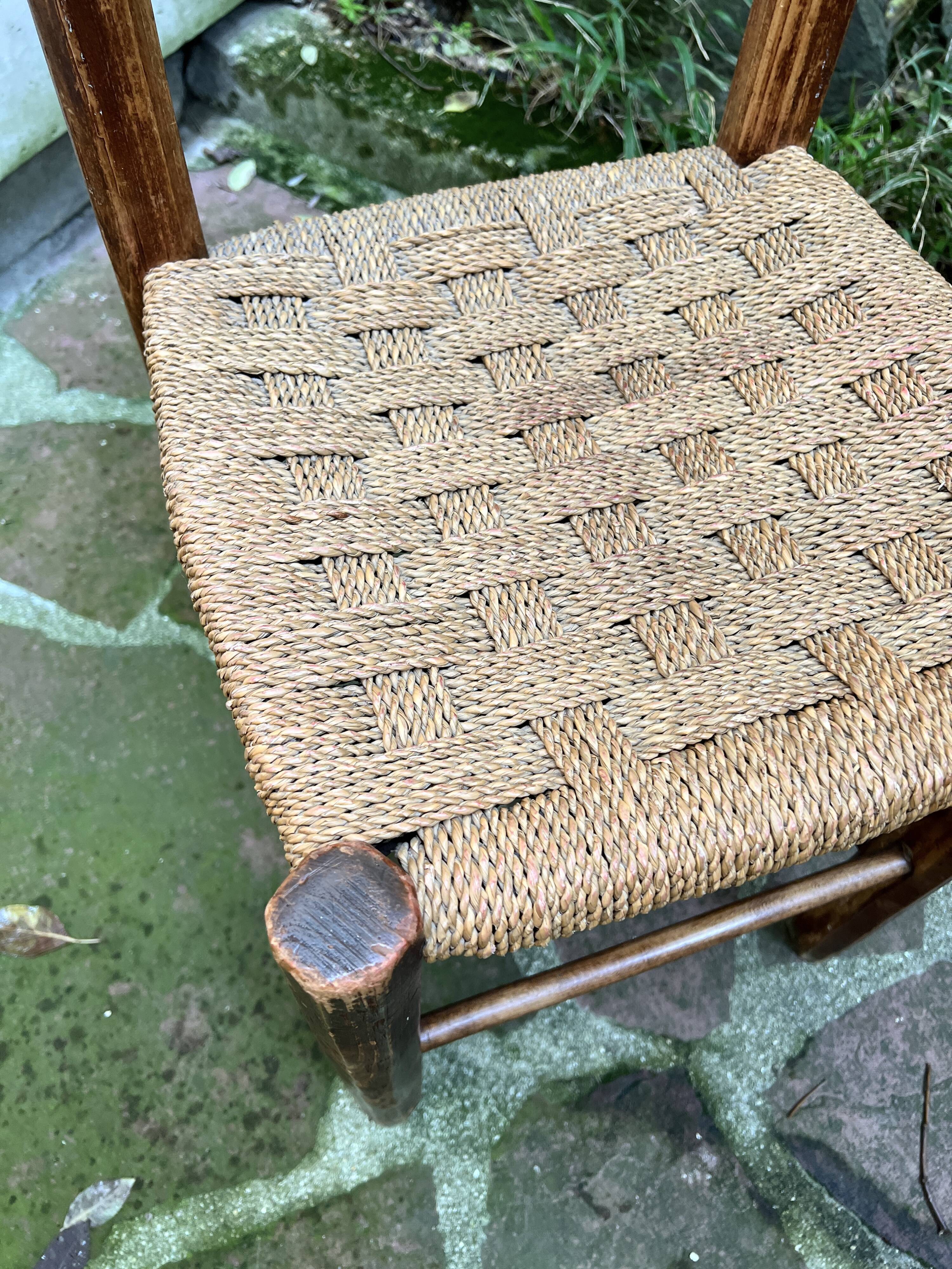 Chaise Italienne Vintage Bois Brut Corde Tressée Artisanale