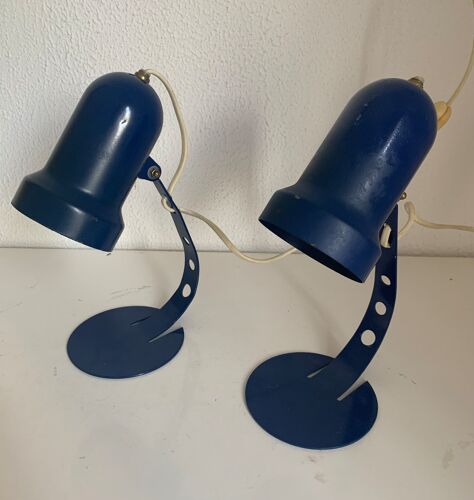 Paire lampes vintage 1970 chevet métal bleu Klein Italy - 25 x 8 cm