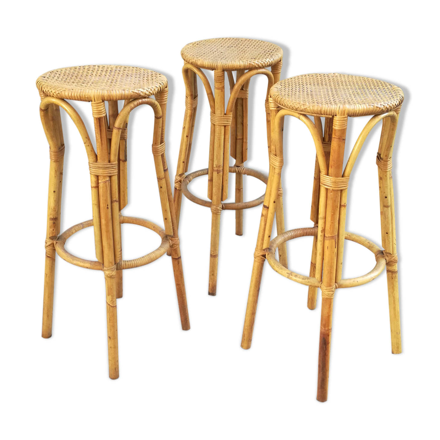 Set of 3 vintage rattan and bamboo stools