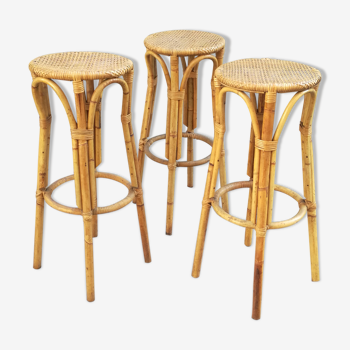 Set de 3 tabourets vintage en rotin et bambou