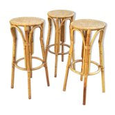 Set of 3 vintage rattan and bamboo stools