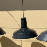 Three industrial suspensions in black and white enamelled sheet metal large format