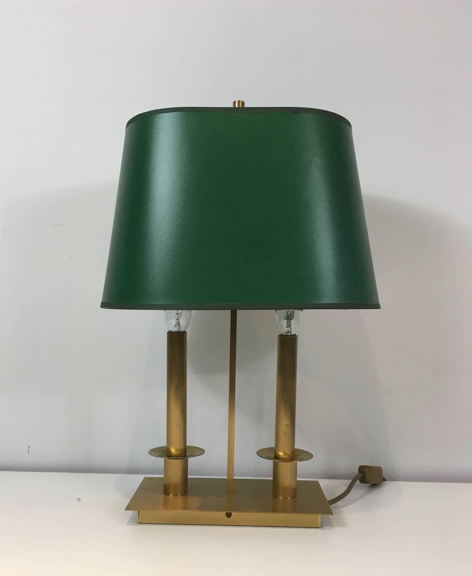 Pair of Two-Light Table Lamps in Brass with Green Shades. Work F