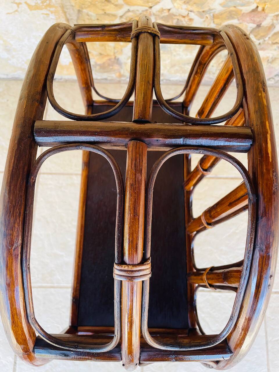 Vintage two-tier bamboo and rattan shelf with storage, Circa 1960
