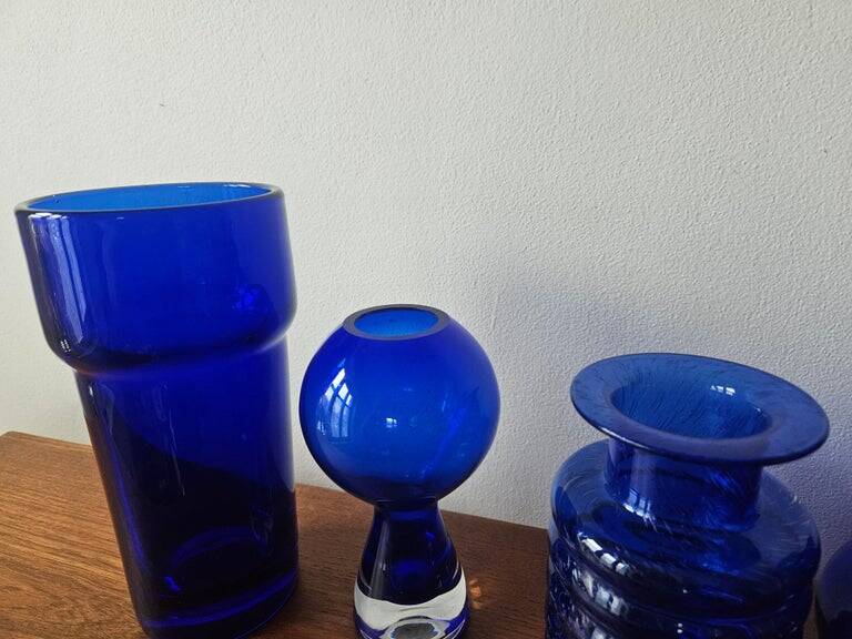 Set of five mid-century cobalt glass vases, Harzkristall, Marita Voigt, 1970