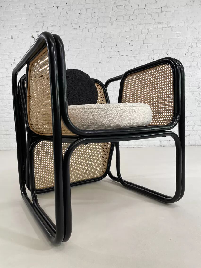 Cubic armchair in black rattan and canework