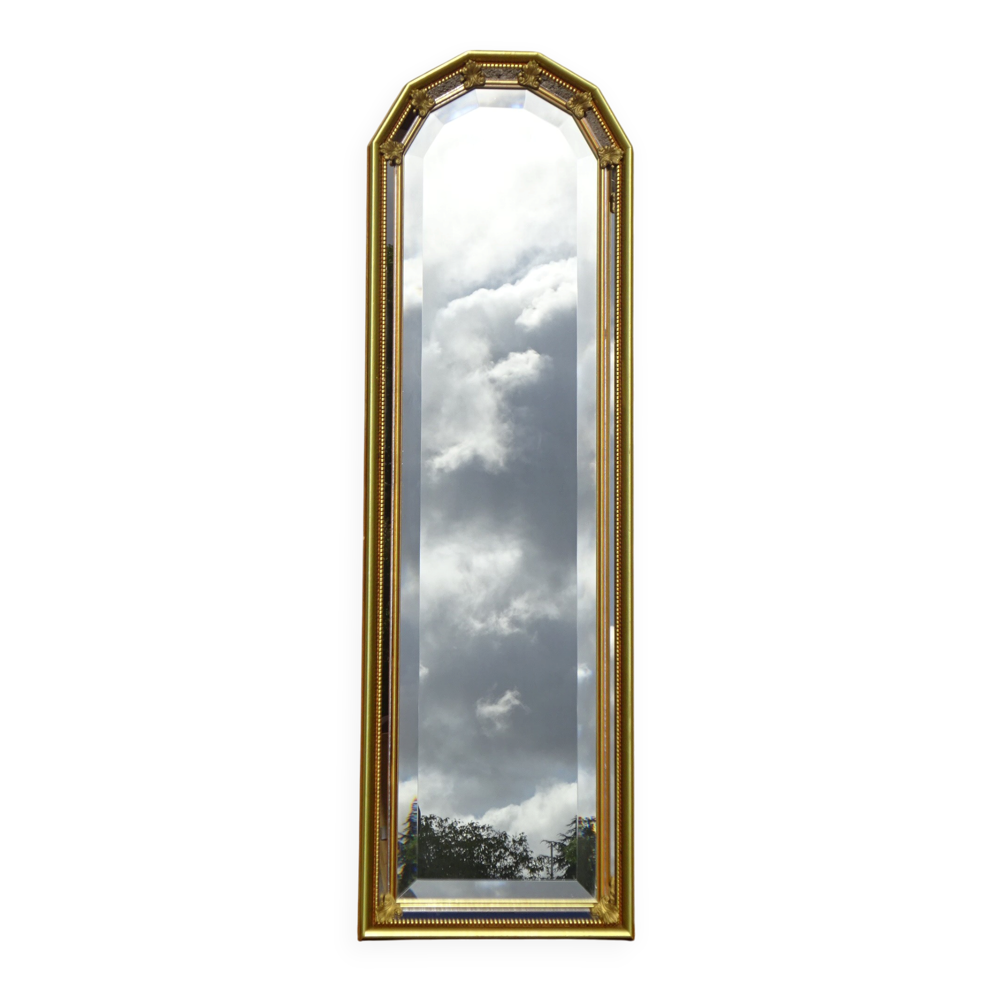 Vertical mirror, gold frame with beading.