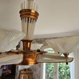 Art Deco chandelier by H.Petitot and Jean Gauthier in copper-plated metal and opal glass