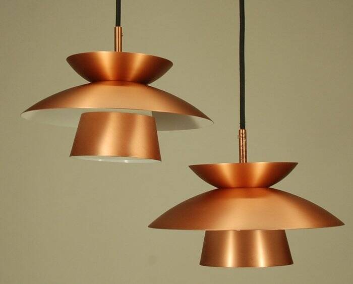 2 Danish pendant lights in copper and glass