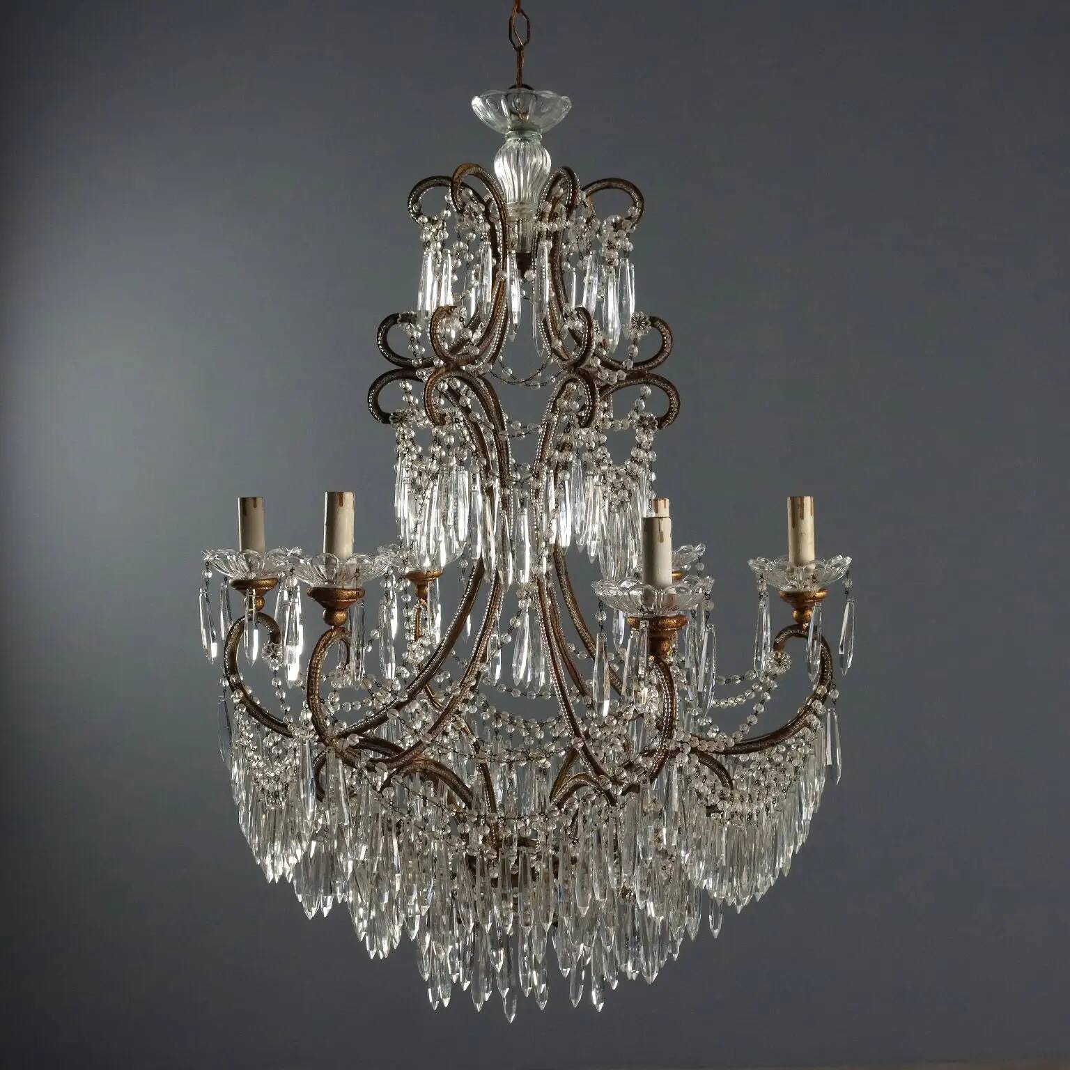 Antique gilded iron chandelier with 6 lights, Italy, early 20th century.