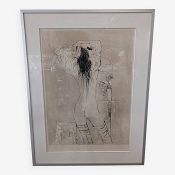 Lithographie originale Femme "nu de dos à la rose" de Jean Jansem vers 1970