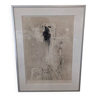 Lithographie originale Femme "nu de dos à la rose" de Jean Jansem vers 1970