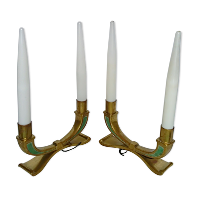 Paire de lampes bougeoirs en bronze et opaline années 40 50