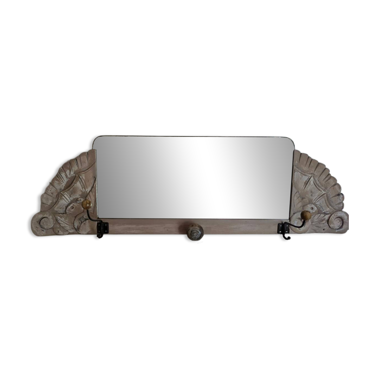 Art Deco wall coat rack with 3 hooks and a mirror.