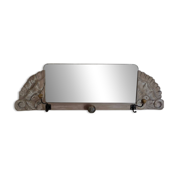 Art Deco wall coat rack with 3 hooks and a mirror.