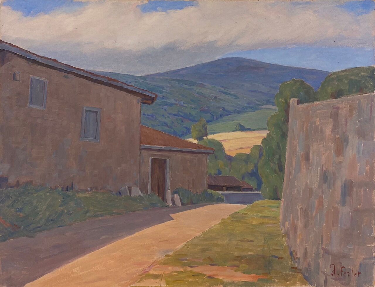 Old painting, Landscape Monts du Lyonnais, signed and dated 1946