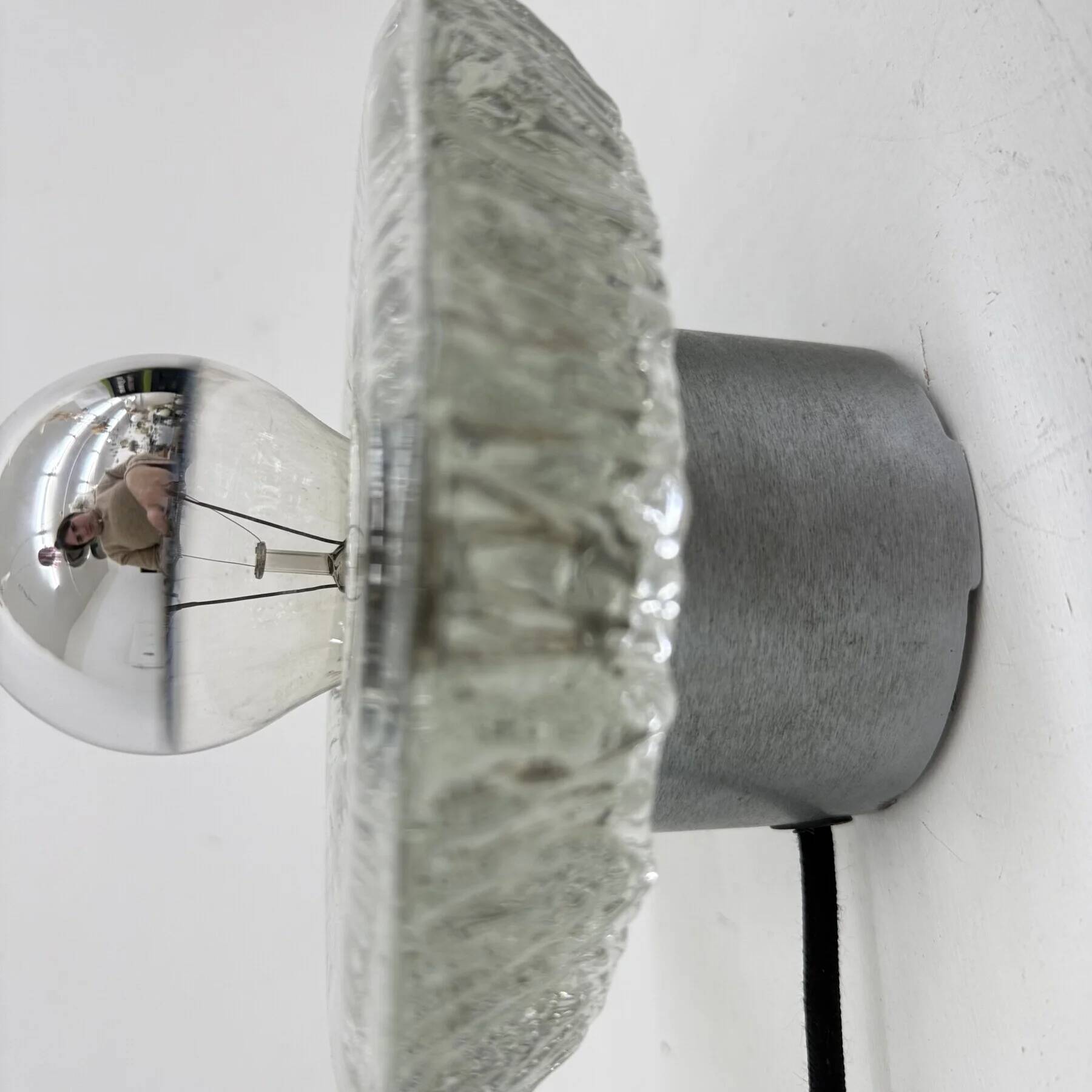 Thick structured ice glass wall light flush mount by Peill & Putzler, 1970s