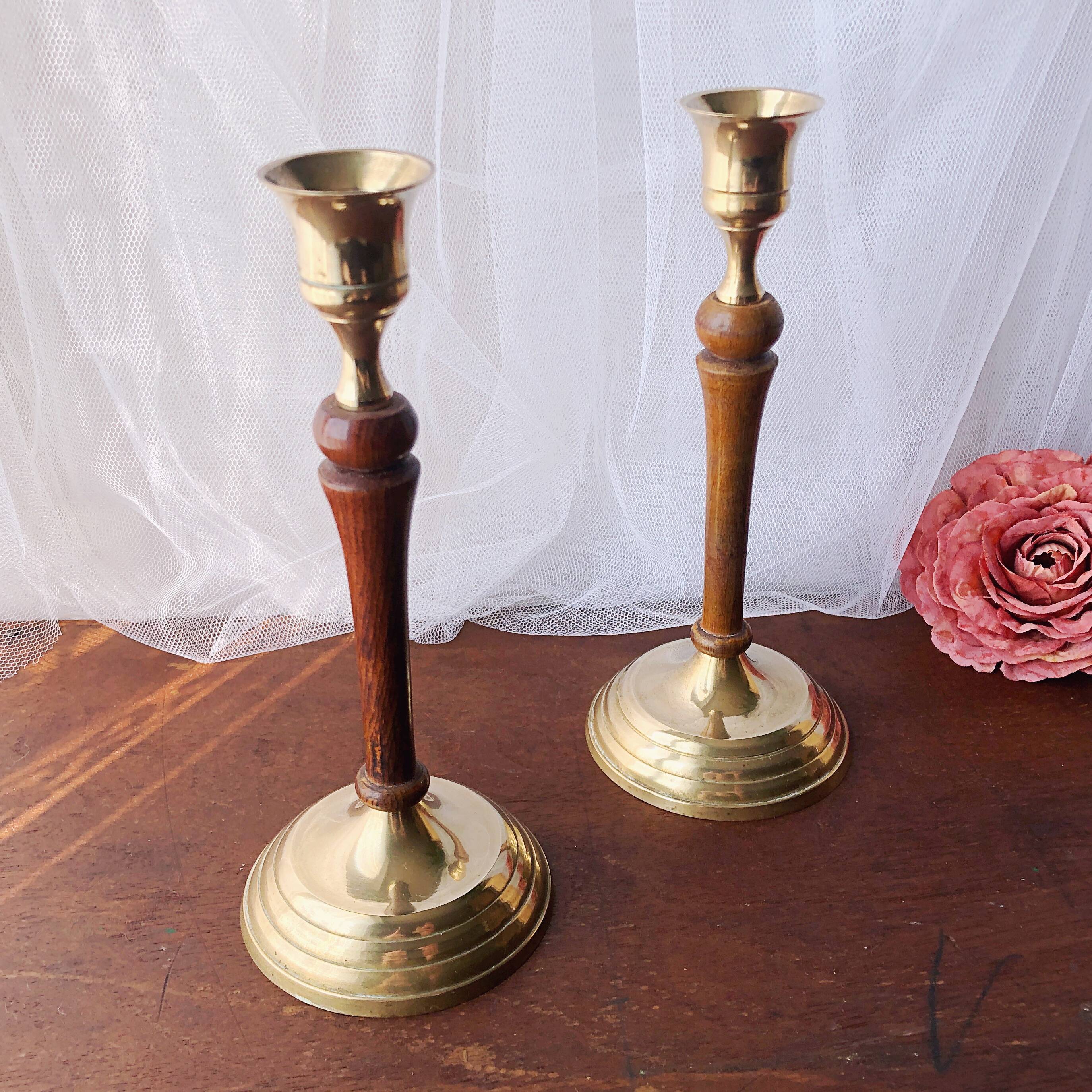 Pair of gilded brass and vintage Indian wood candlesticks