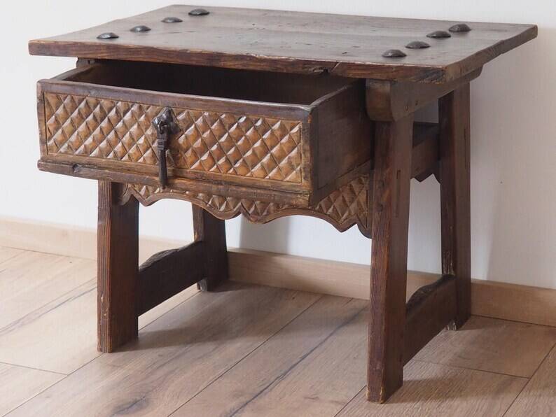 Mid-Century Coffee Table Carved Drawer, Rustic Nailhead Details