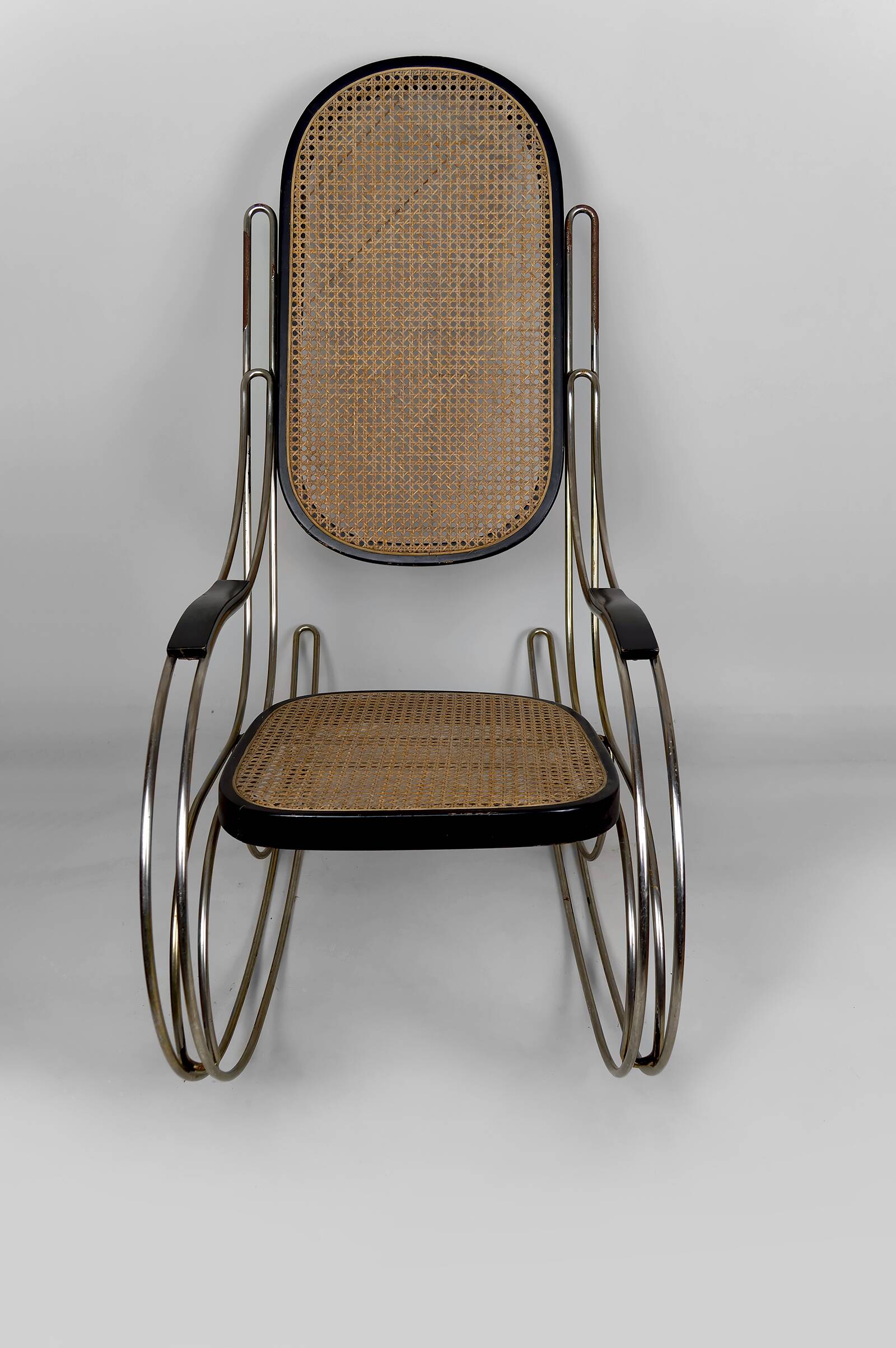 Modernist Rocking Chair in Blackened Wood, Canework and Chrome Frame, 1960-70