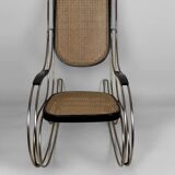 Modernist Rocking Chair in Blackened Wood, Canework and Chrome Frame, 1960-70
