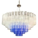 Large Transparent and Blue "Tronchi" Murano Glass Chandelier in Venini Styl