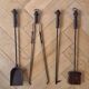 Wrought iron fire screen set with log basket, accessories.